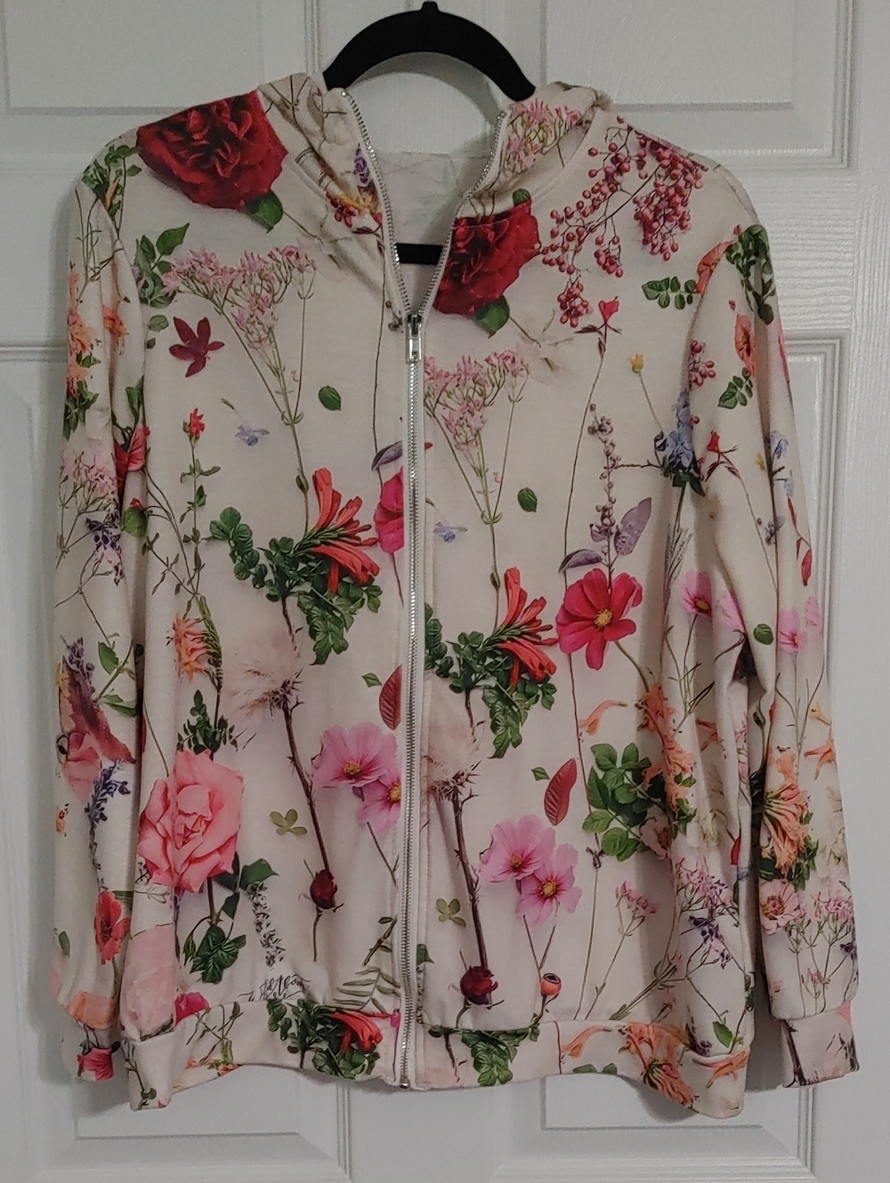 Floral Zip Hoodie Jacket - Cream/Pink Women's Size XL